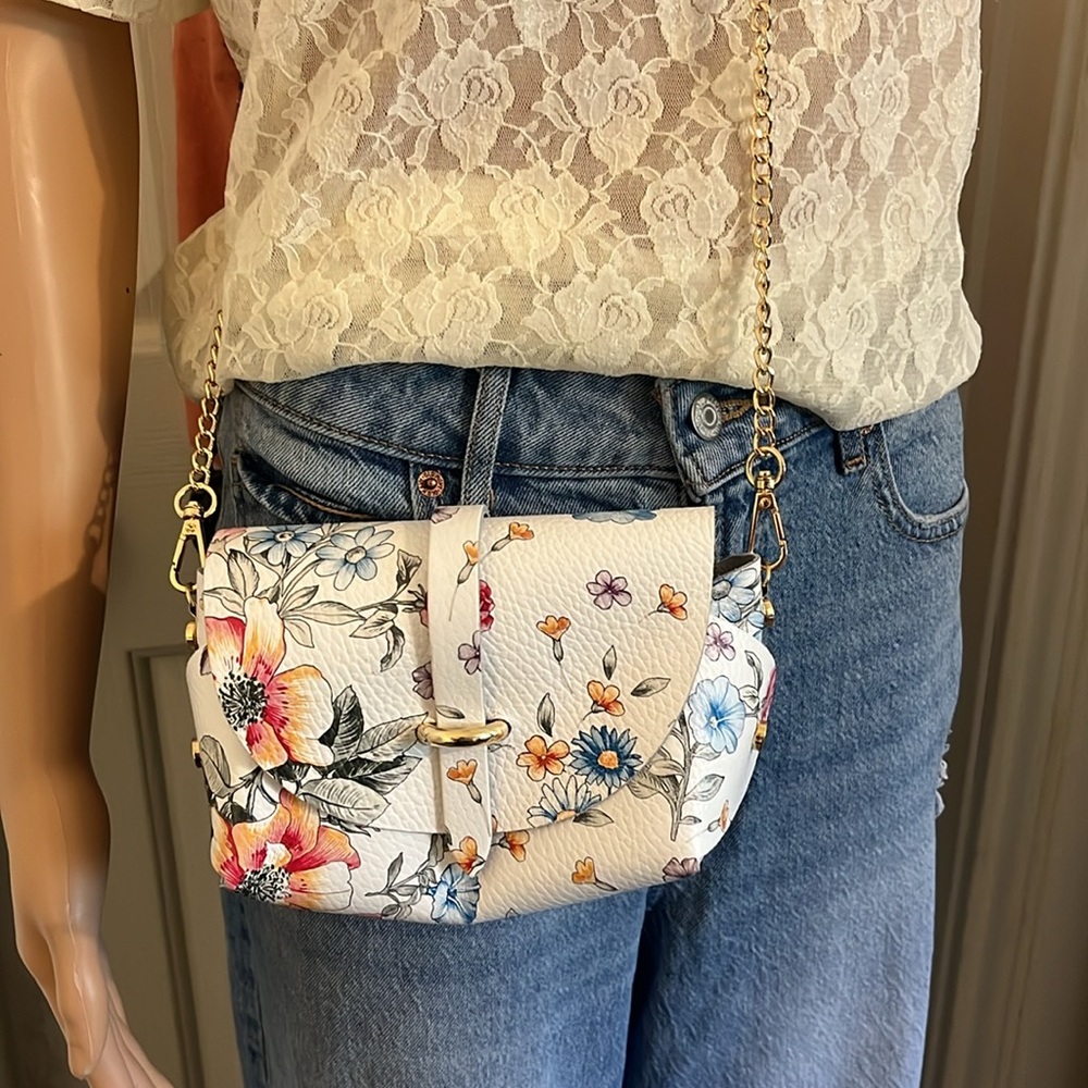 Pelle Floral Mini Crossbody Bag with Gold Tone Chain
